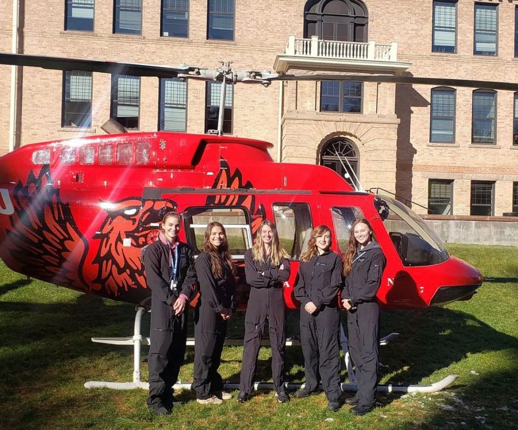 Women in Aviation International Oklahoma City 5 pilots in front of a helicopter